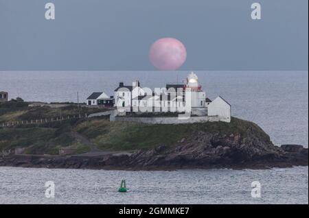 Roches point, Cork, Irlande. 19 septembre 2021. Harvest Moon de septembre s'élève au-dessus du phare de roches point, Co. Cork, Irlande.- photo; David Creedon / Alay Live News Banque D'Images