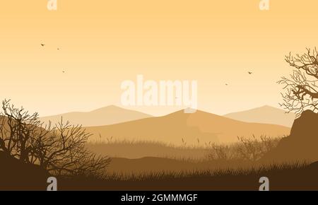 Superbe vue sur la montagne depuis le village l'après-midi avec la silhouette de la petite herbe autour. Illustration vectorielle Illustration de Vecteur