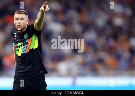 Milan, Italie. 18 septembre 2021. Milan Skriniar du FC Internazionale gestes pendant la série Un match entre le FC Internazionale et le FC de Bologne. Banque D'Images