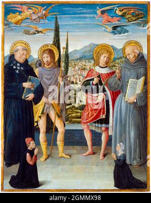 Saint Nicolas de Tolentino, Saint Roch, Saint Sébastien, et Saint Bernardino de Sienne, avec des donateurs à genoux, peinture de Benoiszzo Gozzoli, 1481 Banque D'Images