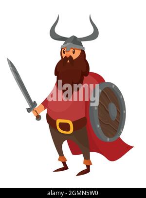 Épée et bouclier Viking. Caractère scandinave dans un style de dessin animé. Illustration de Vecteur