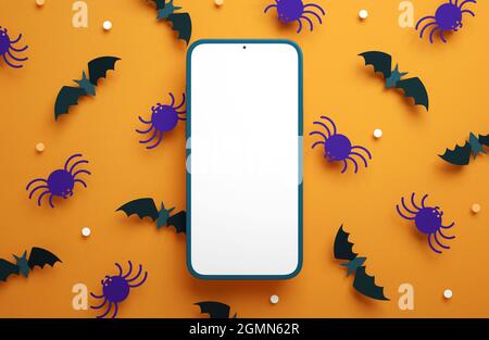 Flat Lay Halloween téléphone maquette écran vide sur un papier chauves-souris et araignées arrière-plan en rendu 3D. Bon modèle de bannière pour téléphone mobile Halloween Banque D'Images