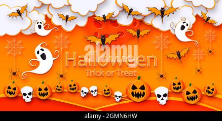 Joyeux Halloween. Jack 'O Lantern, chauves-souris, fantômes, araignées et crânes dans la nuit sinistre avec rendu 3D pleine lune Banque D'Images
