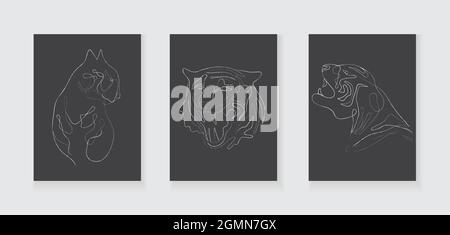 Tigre de chine vecteur du nouvel an en continu, ligne craie style art. Symbole asiatique de 2022 ans dessiné à la main dans le style bohème. Chat sauvage simple sur ba noir Illustration de Vecteur