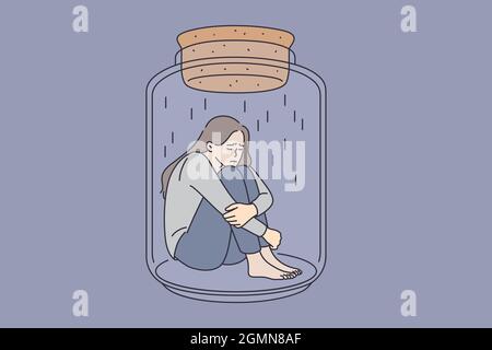 Dépression et santé mentale. Jeune femme triste stressée assise dans un pot en verre embrassant les genoux se sentant mauvaise illustration vectorielle Illustration de Vecteur