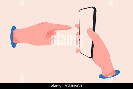 Main pointant vers un smartphone. Doigt pointant vers l'écran tactile. Modèle de téléphone plat modifiable. Illustration vectorielle. Illustration de Vecteur