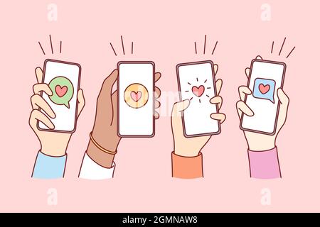 Rencontres en ligne, amour et concept mobile. Mains de personnes tenant des smartphones avec cœur et des discussions de communication sur les écrans illustration vectorielle Illustration de Vecteur