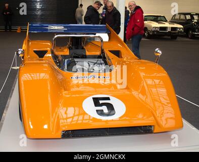 Denny Hulme's McLaren peut être NME V8 au London Classic car Show, Earls court, 2020 dans une exposition en l'honneur de feu Bruce McLaren sur le 50 Banque D'Images