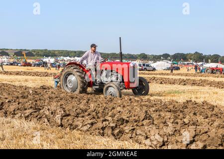 Un Massey Ferguson 35 lors d'un concours de labour à Pluckley, dans le Kent Banque D'Images