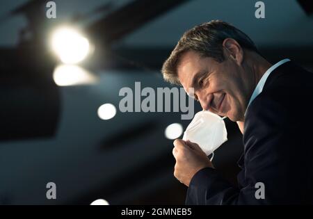 Munich, Allemagne. 20 septembre 2021. Markus Söder, président du Parti CSU et ministre-président de la Bavière, prendra part à une conférence de presse à la suite de la réunion constitutive du Comité exécutif CSU. Credit: Peter Kneffel/dpa/Alay Live News Banque D'Images