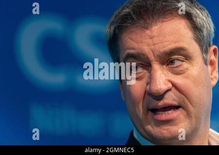 Munich, Allemagne. 20 septembre 2021. Markus Söder, président du Parti CSU et ministre-président de la Bavière, prendra part à une conférence de presse à la suite de la réunion constitutive du Comité exécutif CSU. Credit: Peter Kneffel/dpa/Alay Live News Banque D'Images