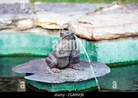 Fontaine de grenouille - statue d'une grenouille sur un coussin de nénuphars avec des jets d'eau de sa bouche Banque D'Images