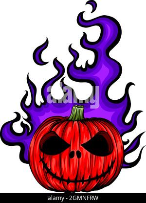 Dessin animé vecteur image d'une Halloween effrayante flamboyante Pumpkin Jack O Lantern Head avec l'expression hurlant Illustration de Vecteur