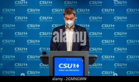 Munich, Allemagne. 20 septembre 2021. Markus Söder, président du Parti CSU et ministre-président de la Bavière, prendra part à une conférence de presse à la suite de la réunion constitutive du Comité exécutif CSU. Credit: Peter Kneffel/dpa/Alay Live News Banque D'Images