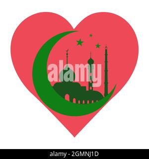 Croissant vert et mosquée dans un coeur, symbole d'amour pour l'Islam et Allah Illustration de Vecteur