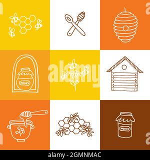 Logos d'illustartion de scénario et modèles de conception ou badges. Étiquettes et étiquettes de miel bio et écologique avec des abeilles. Style linéaire. Illustration de Vecteur