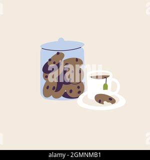 Boîte en verre Vector Illustration avec biscuits au chocolat isolés et une tasse de thé. Pause savoureuse. Illustration de Vecteur