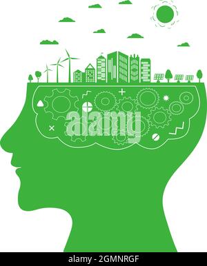 Silhouette d'une tête humaine avec un cerveau sous forme d'engrenages. Ville verte avec des sources d'énergie renouvelables. Idée écologique. Pensez vert. Modèle d'entreprise. Illustration de Vecteur