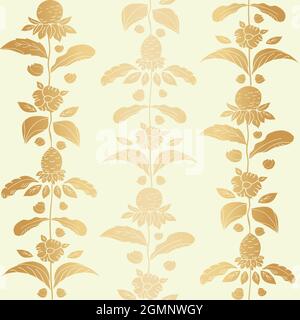 Élégant motif vectoriel sans couture de fleurs sauvages de prairie doré métallisé. Art et artisanat style holly de mer fleurs, arrière-plan de pâquerettes. Blanc doré stylisé Illustration de Vecteur