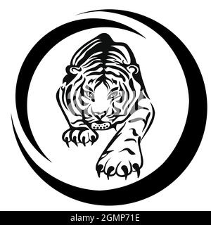 Illustration d'un tigre ou d'un chat sauvage avec d'énormes griffes et fangs. Un prédateur assoiffé de sang avant de chasser une victime Banque D'Images
