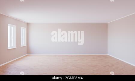 Intérieur vide avec parquet, deux fenêtres, murs beige et Plinth blanc, rendu 3d Banque D'Images