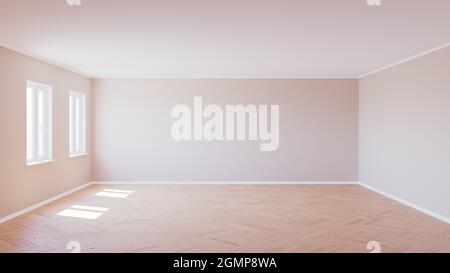 Magnifique intérieur vide avec parquet, deux fenêtres en plastique, murs beige et Plinth, éclairé par le soleil, illustration 3d Banque D'Images
