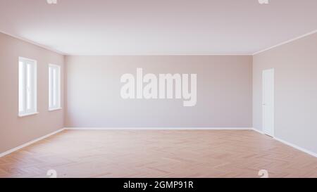 Intérieur vide avec parquet, deux fenêtres, murs beige, porte blanche et Plinth blanc, illustration 3d Banque D'Images