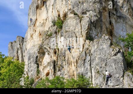 France, Yonne, Canal du Nivernais, Merry sur Yonne, le Saussois, Les rochers du Saussois, célèbre site d'escalade en France, grimpeurs // France, Yonne (8 Banque D'Images