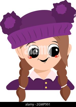 Avatar d'une fille avec de grands yeux et un grand sourire heureux dans un chapeau violet avec un pompon. Tête d'un enfant avec un visage joyeux Illustration de Vecteur