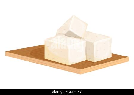 Morceaux de tofu soja de fromage de fard sur bois de planche, découpe de bureau dans le style de dessin animé isolé sur fond blanc. Protéines végétariennes, alimentation, je Illustration de Vecteur