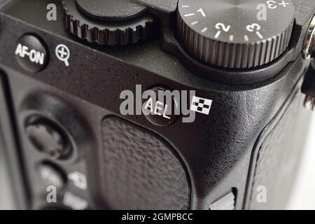 Gros plan sur le bouton de verrouillage AE de l'appareil photo numérique Banque D'Images