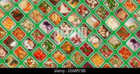 Alimentation saine de base avec différents repas savoureux dans des contenants en feuilles Banque D'Images