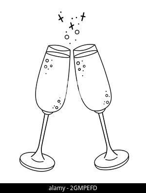 Deux verres de champagne. Vin mousseux. Toast des fêtes. Élément pour carte postale, logo, Web, décor, bannières, histoires instagram, autocollants. Illustrateur vectoriel Illustration de Vecteur