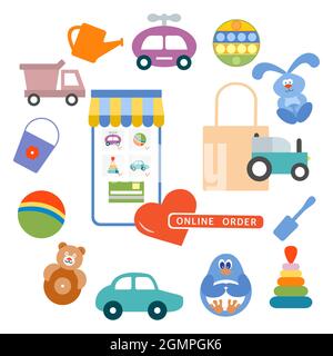 Illustration vectorielle commande en ligne jouets pour enfants heureux enfants articles de jeu jouer dans le sable voitures Pyramid ball Tumbler lapin Penguin Pop il arrosoir CAN Pr Illustration de Vecteur