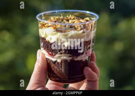 Le trifle est un dessert doux délicat fait de pâte éponge et de crème anglaise.Délicieux dessert en verre transparent dans la main de la femme sur fond vert. Banque D'Images