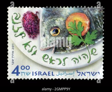 Le timbre imprimé en Israël montre l'image de la nourriture, vers 2011. Banque D'Images