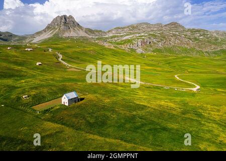 Vue aérienne d'un plateau de beautiful lukavica et de prairies alpines pleines de fleurs d'été haut dans les montagnes au-dessus de la ville de niksic, monténégro Banque D'Images