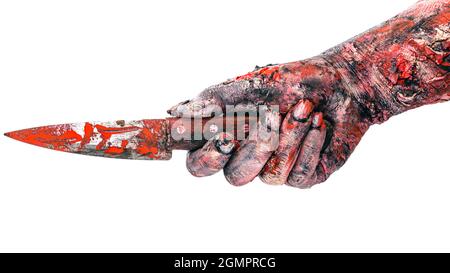 main de zombie avec couteau, main d'assassin couverte de sang attaquant, isolé fond blanc. Banque D'Images