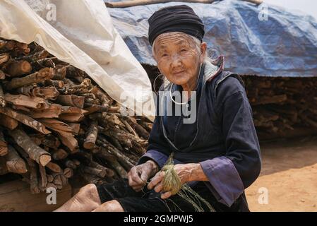 Sapa, Vietnam - 14 avril 2016 : ancienne femme vietnamienne dans le village près de Sapa faisant du fil de chanvre fait à la main. Les femmes de la minorité Hmong noire dans les traditionnels Banque D'Images