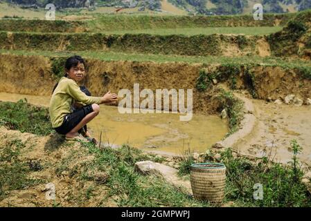 Sapa, Vietnam - 14 avril 2016 : jeune fille et garçon marchant avec le bison sur le champ de riz.Les enfants vietnamiens du village ont le devoir de s'en occuper Banque D'Images