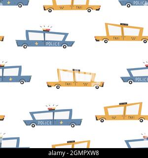 Modèle pour enfants avec voitures. Voitures. Transport. Route. Vector main-dessiné couleur sans couture répétition des enfants simple motif avec des voitures, dans scandinave sty Illustration de Vecteur