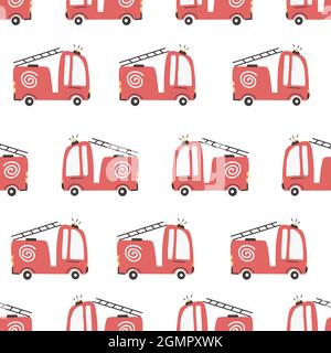 Mignon Fire Truck cars sans coutures motif. Illustration vectorielle pour bébé en papier numérique scandinave simple à dessin à la main Illustration de Vecteur