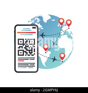Illustration du vecteur de certificat COVID numérique eu. Vols internationaux. Itinéraires des compagnies aériennes sur la carte. Concept de page Web, bannière, application, présentation, couverture Illustration de Vecteur