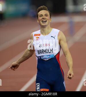 ZURICH - SUISSE 8 septembre 21 : Karsten Warholm (NOR) en compétition dans les 400 m haies à la finale de la ligue de diamants de Wanda au stade Letzigrund, Zurich Banque D'Images