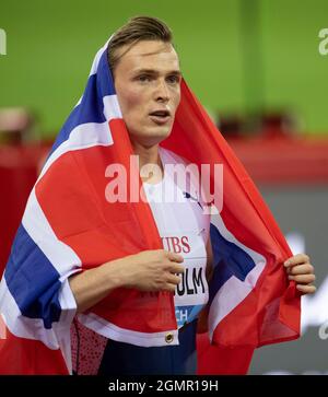 ZURICH - SUISSE 8 septembre 21 : Karsten Warholm (NOR) célébrant sa victoire dans les 400 m haies à la finale de la ligue de diamants de Wanda au Stadi de Letzigrund Banque D'Images