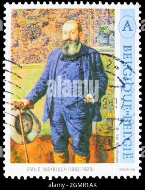 MOSCOU, RUSSIE - 31 JUILLET 2021 : le timbre-poste imprimé en Belgique montre le portrait d'Emile Mayrisch (1862-1928), industriel de l'acier, consacré à la 70e mort Banque D'Images