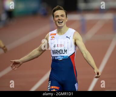 ZURICH - SUISSE 8 septembre 21 : Karsten Warholm (NOR) en compétition dans les 400 m haies à la finale de la ligue de diamants de Wanda au stade Letzigrund, Zurich Banque D'Images