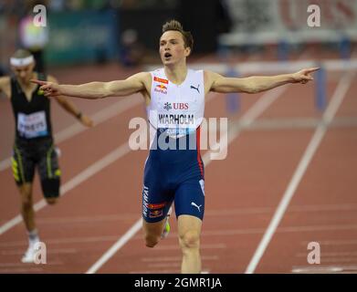 ZURICH - SUISSE 8 septembre 21 : Karsten Warholm (NOR) en compétition dans les 400 m haies à la finale de la ligue de diamants de Wanda au stade Letzigrund, Zurich Banque D'Images