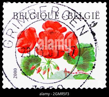 MOSCOU, RUSSIE - 31 JUILLET 2021 : le timbre-poste imprimé en Belgique présente le timbre-rouleau de géranium pélargonium, série de fleurs, vers 2000 Banque D'Images