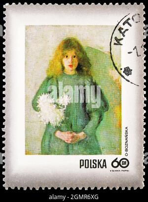 MOSCOU, RUSSIE - 31 JUILLET 2021 : timbre-poste imprimé en Pologne montre Girl with Chrysanthemums, par Olga Boznanska (1865-1940), Stamp Day 1971 - Woman Banque D'Images